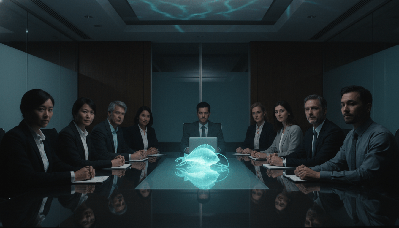 The scene is a dimly lit, modern meeting room featuring a glass table. A single, glowing, bioluminescent fish sits in the centre. It illuminates the faces of diverse professionals. They look at it with a mix of concern and relief. The atmosphere is moody but hopeful, symbolising the emergence of hidden tension.