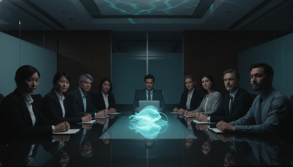 The scene is a dimly lit, modern meeting room featuring a glass table. A single, glowing, bioluminescent fish sits in the centre. It illuminates the faces of diverse professionals. They look at it with a mix of concern and relief. The atmosphere is moody but hopeful, symbolising the emergence of hidden tension.