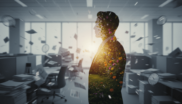 A double-exposure-style image featuring a silhouette of a professional standing calmly in profile. Inside the silhouette is a vibrant, blooming garden with golden light, representing inner vitality. Outside the silhouette, the background is a grey and chaotic office blur. Faint clock faces and paperwork blow in the wind. The contrast emphasises internal preservation amidst external chaos.