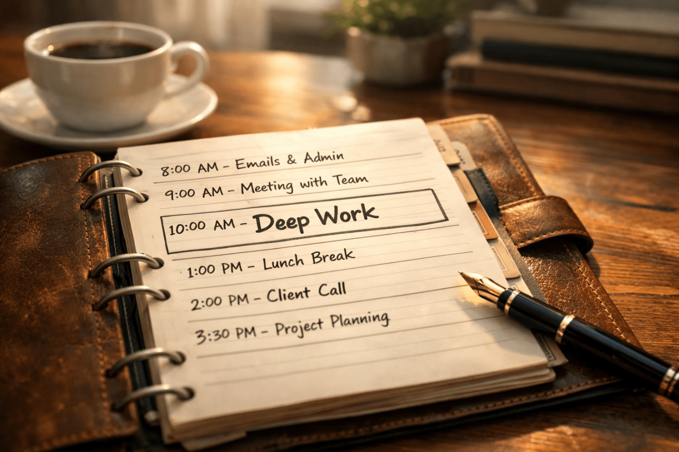 A close-up, photorealistic shot of a weathered leather planner lying open on a wooden desk. The page shows a handwritten schedule with distinct blocks of time. One large block is labelled 'Deep Work' in bold ink. Soft, warm morning sunlight streams across the desk, illuminating a cup of coffee and a fountain pen. The background is slightly blurred, showing a calm, tidy home office. The atmosphere is serene and focused.