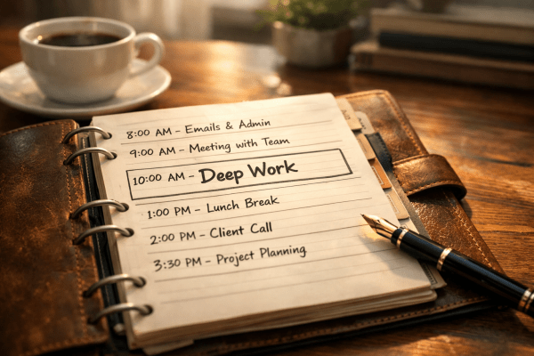 A close-up, photorealistic shot of a weathered leather planner lying open on a wooden desk. The page shows a handwritten schedule with distinct blocks of time. One large block is labelled 'Deep Work' in bold ink. Soft, warm morning sunlight streams across the desk, illuminating a cup of coffee and a fountain pen. The background is slightly blurred, showing a calm, tidy home office. The atmosphere is serene and focused.