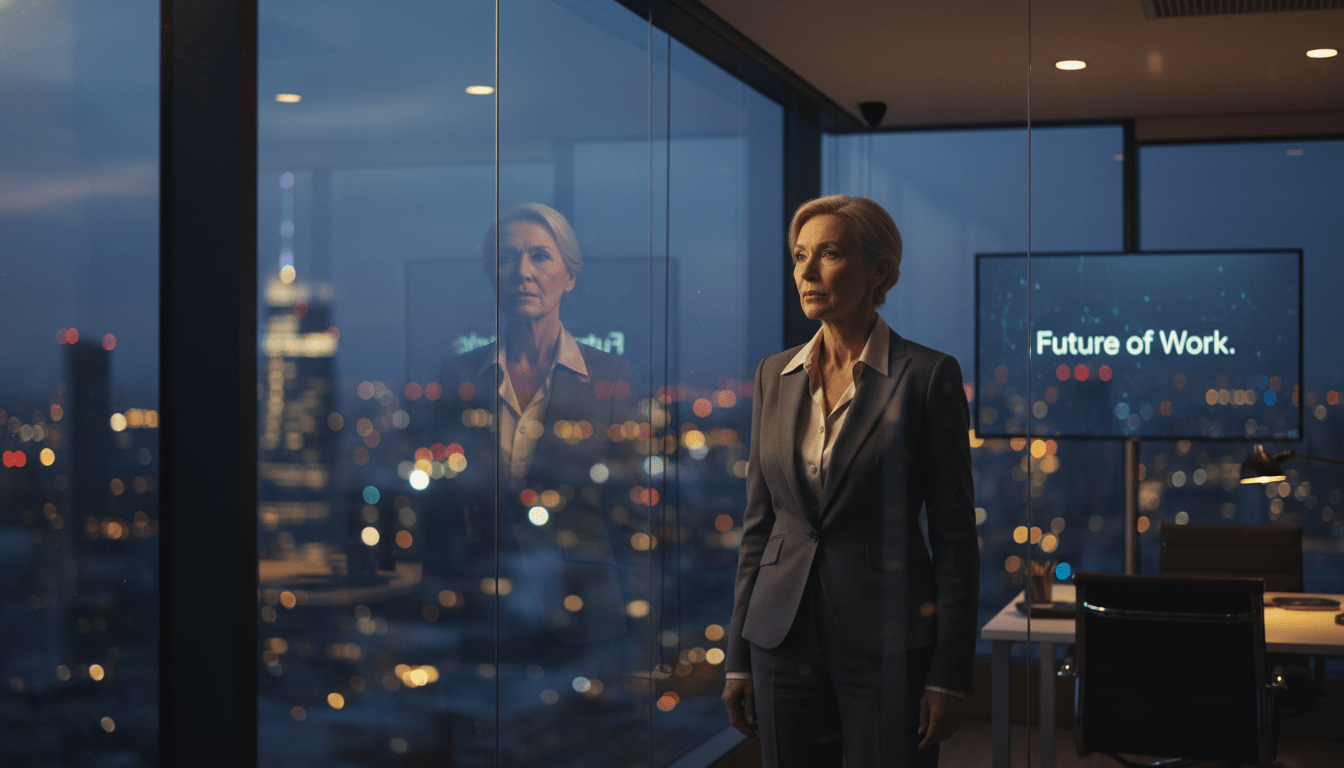 A hyper-realistic, cinematic shot of an older professional. She is a woman in her late 50s. She stands inside a modern glass office building at dusk. She is looking out at a city skyline that is blurring into bokeh. Her reflection in the glass is sharp, but she looks pensive and slightly isolated. The lighting is moody, with the cool blues of the city clashing with the warm, artificial light of the office. Subtle text on a digital display in the background reads 'Future of Work'.