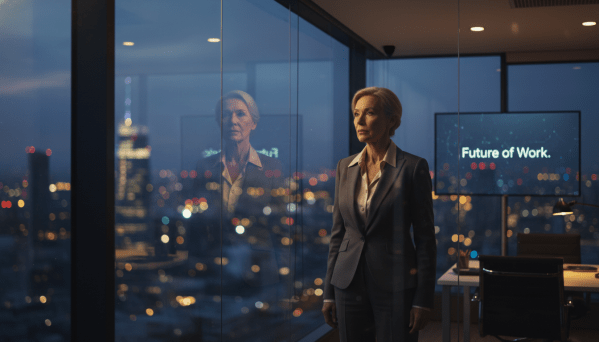 A hyper-realistic, cinematic shot of an older professional. She is a woman in her late 50s. She stands inside a modern glass office building at dusk. She is looking out at a city skyline that is blurring into bokeh. Her reflection in the glass is sharp, but she looks pensive and slightly isolated. The lighting is moody, with the cool blues of the city clashing with the warm, artificial light of the office. Subtle text on a digital display in the background reads 'Future of Work'.