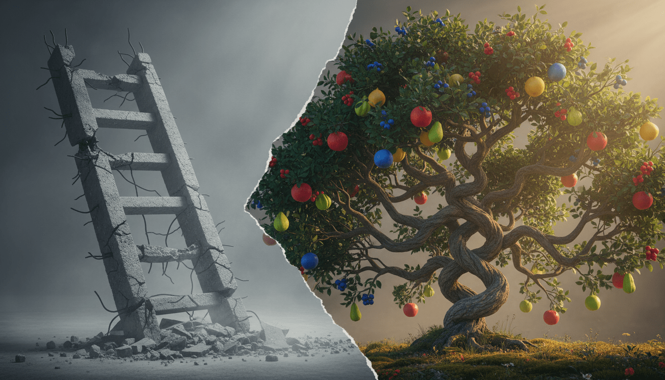 A split-screen composition. On the left, a grey, rigid concrete ladder, crumbling at its base, symbolises a traditional linear career. The tree on the right is vibrant and organic. It is adorned with multiple strong branches. These branches bear a variety of colourful fruits. This tree symbolises a portfolio career. The lighting on the right is warm and inviting, while the left is dim. The style is realistic with a touch of surrealism.