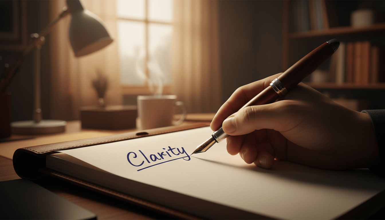 A close-up, photorealistic shot of a hand holding a fountain pen, hovering over a notebook with the handwritten word 'Clarity' sharply in focus. The background is a soft, blurred office setting with warm, amber lighting, creating a moody and reflective atmosphere. Cinematic depth of field.