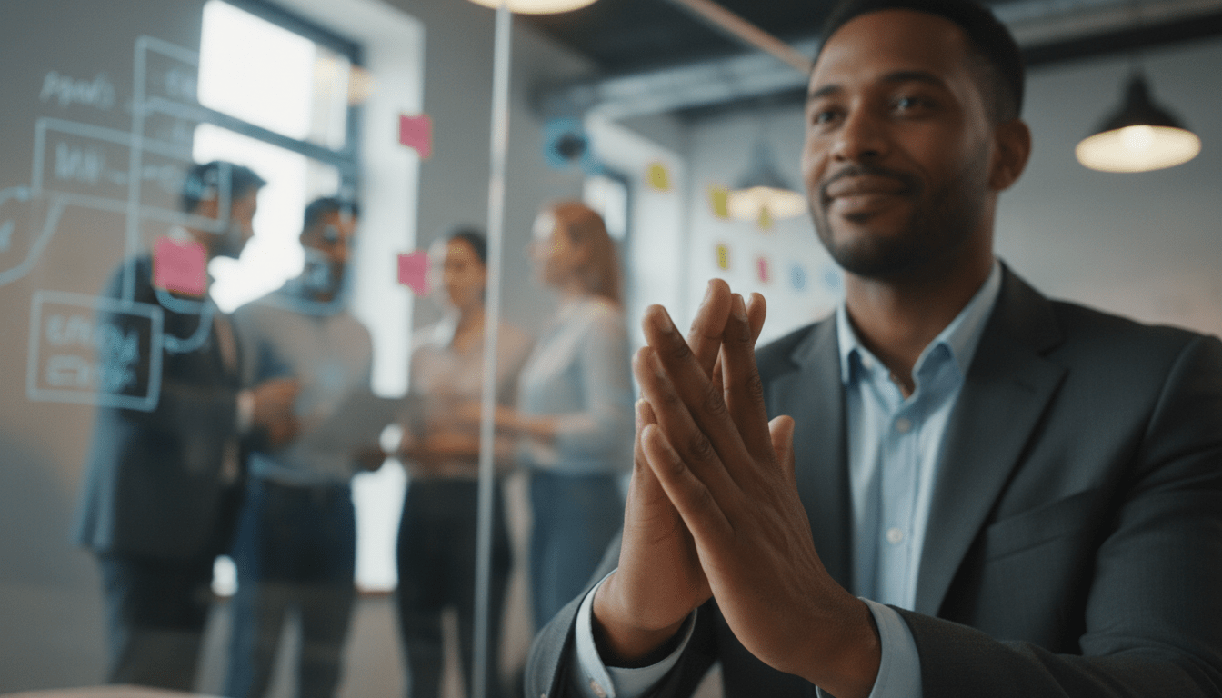 A close-up, medium shot of a leader's hands is featured. They are intentionally clasped or 'sitting on their hands'. The thoughtful, reflective expression on their face is slightly out of focus in the background. The hands are prominent in the foreground. In the background, a team is visible, actively collaborating and solving problems around a whiteboard, symbolising their newfound autonomy. The leader's expression shows quiet confidence and a sense of guiding, not controlling. Soft, warm office lighting. Photorealistic, cinematic, shallow depth of field.