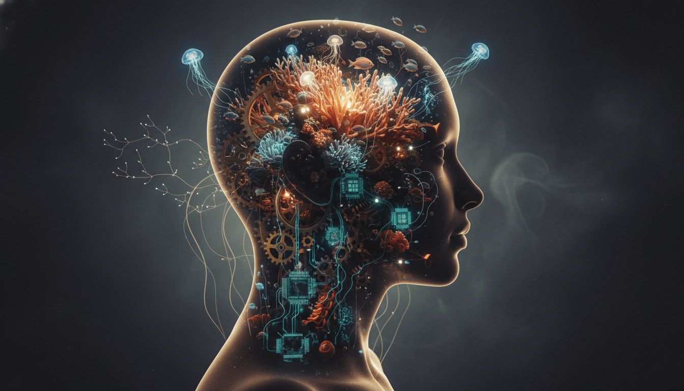 A surreal, double-exposure-style close-up of a human silhouette. The mind is replaced by a vibrant, glowing coral reef teeming with life. It merges with gears and digital circuits. The background is a soft, deep charcoal. The lighting is cinematic and ethereal, highlighting the intersection of biology and technology.
