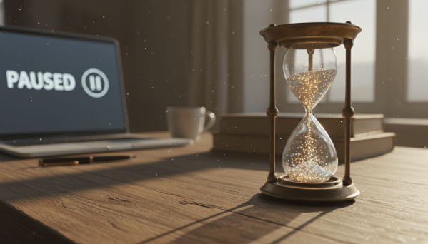 A close-up, photorealistic shot of an hourglass resting on a weathered wooden desk, illuminated by warm, late-afternoon sunlight. The sand in the top bulb is nearly gone. Instead of sand, tiny glowing particles of light are floating upward. They symbolise energy renewal rather than time running out. In the background, slightly out of focus, is a laptop screen displaying a 'Paused' notification. The mood is serene, contemplative, and hopeful.