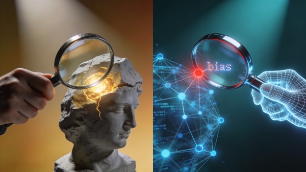 A split-screen composition features a human hand with a magnifying glass on the left. It is placed over an unfinished stone sculpture. The glass reveals a glowing golden core within its cracks. On the right, a digital wireframe hand holds a magnifying glass over a blue node network. It highlights a single red node. The node is labelled 'bias' in small code font. The background transitions from warm amber on the left to cool teal on the right. Focused cinematic lighting enhances the inspected objects. High resolution, photorealistic style.