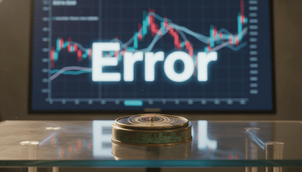 A close-up, photorealistic shot of an old, weathered nautical compass resting on a modern, sleek glass desk. The compass needle is spinning wildly, blurring slightly to indicate confusion. In the background, out of focus, is a digital screen. It displays a complex data graph. The single word 'Error' is in sharp focus. The lighting is moody. There is a mix of warm ambient light on the compass and cool blue light from the screen. This scene symbolises the conflict between old intuition and new data.