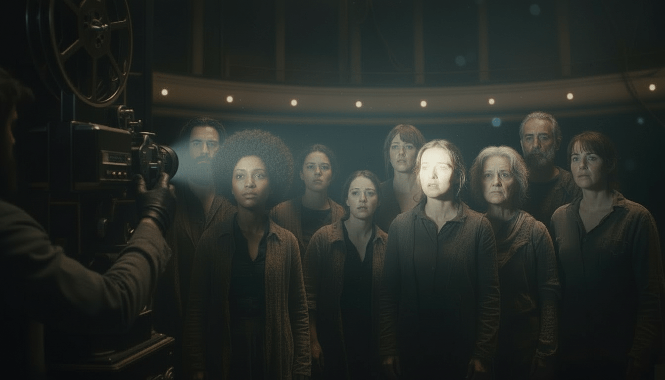 A hand physically turns a single spotlight on a dark stage. It illuminates a group of people standing in the shadows nearby. Their faces light up with recognition. High contrast, cinematic lighting, realistic style.