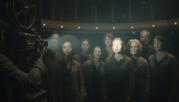 A hand physically turns a single spotlight on a dark stage. It illuminates a group of people standing in the shadows nearby. Their faces light up with recognition. High contrast, cinematic lighting, realistic style.