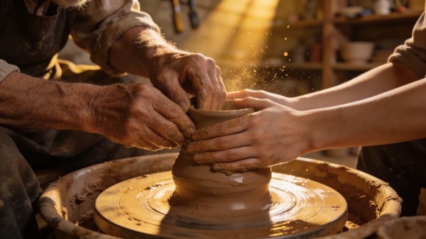 A close-up, photorealistic shot of an elderly craftsman's hands guiding a young apprentice's hands on a pottery wheel. The clay is being shaped into a vessel. The lighting is warm and golden, highlighting the dust motes in the air and the texture of the clay. The background is a blurred, rustic workshop. The focus is entirely on the connection between the hands. This connection symbolises knowledge transfer. It signifies the shared creation of form.
