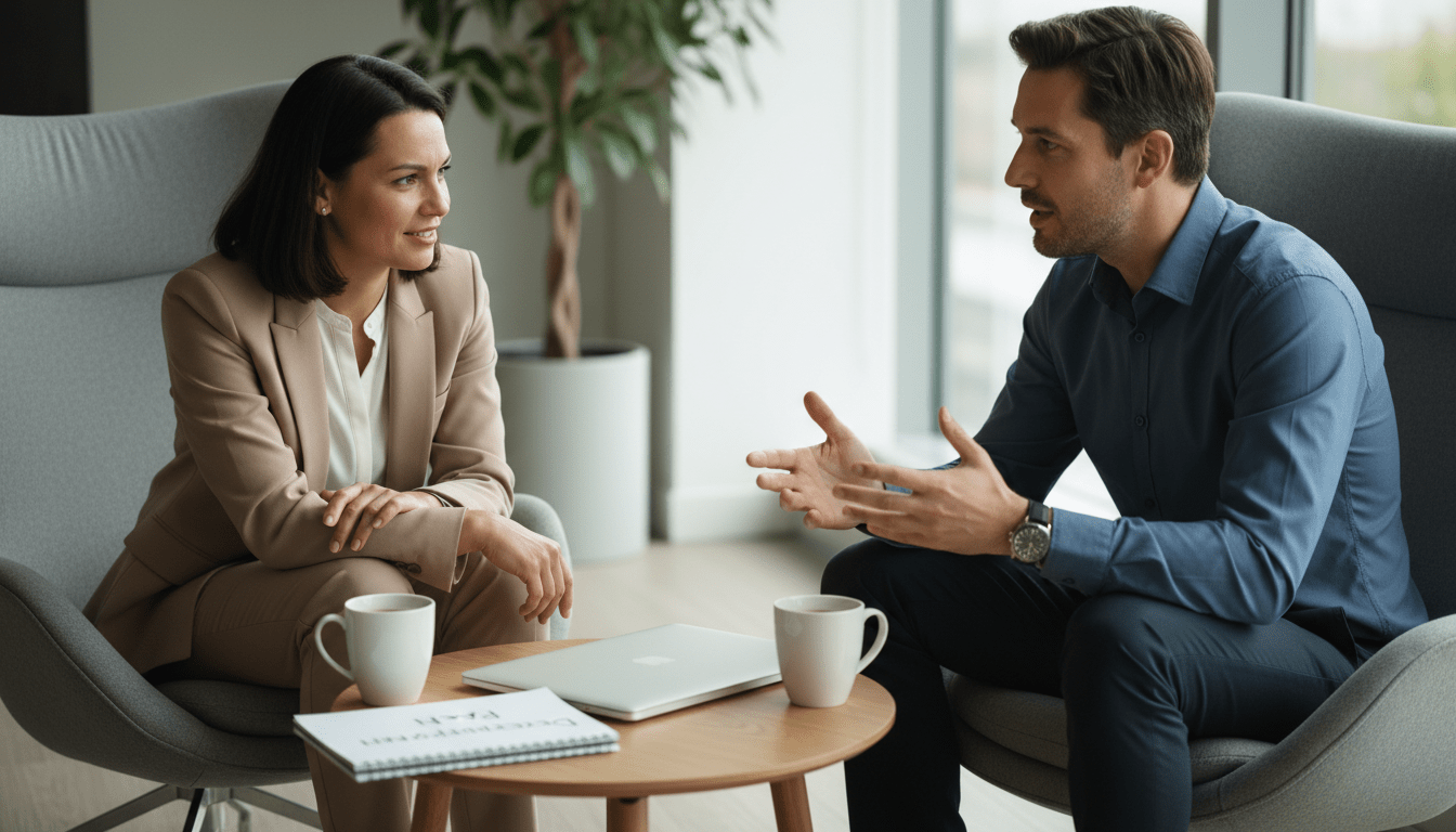 A close-up, eye-level shot of two professionals sitting in comfortable chairs in a quiet, light-filled corner of a modern office. The focus is on the person listening, who has a warm, attentive expression, leaning slightly forward. The speaker is gesturing with their hands, looking engaged and animated. On the small round table between them, there is a closed laptop and two cups of coffee, but no phones. The lighting is soft and natural, suggesting a calm, safe atmosphere. The background is slightly blurred to emphasise the connection between the two individuals. A notebook on the table has the handwritten title 'Development Plan' visible.