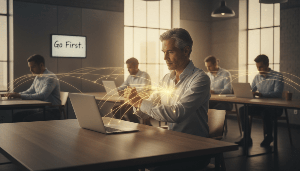 A hyper-realistic, cinematic shot of a modern office environment. A mature, calm leader sits at a desk, rolling up their sleeves to work on a laptop. A glowing, subtle energy connects the leader to team members in the background, who are mirroring the focused posture. A small whiteboard in the background reads, "Go First." The lighting is warm and inspiring, emphasising action and quiet confidence.