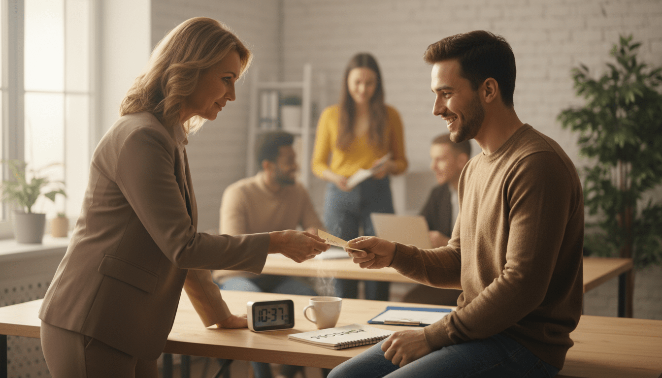 A softly lit office shows a manager handing a note to a team member. The team member is smiling genuinely, looking at the note. On the desk, a small digital clock shows the time. A coffee cup sits next to a notebook. The word 'Progress' is written on its cover. The atmosphere is warm, calm, and grounded. It reflects authentic human connection.