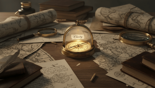 A hyper-realistic, evocative image of a vintage brass compass resting on a messy, chaotic desk. The desk is covered in blurred, overlapping maps and scattered papers. The compass face is sharply in focus, glowing faintly with a warm light. The needle points steadily towards a small, clear label that reads 'Clarity'. The lighting is moody and cinematic, emphasising the contrast between the chaotic background and the precise, calming instrument.