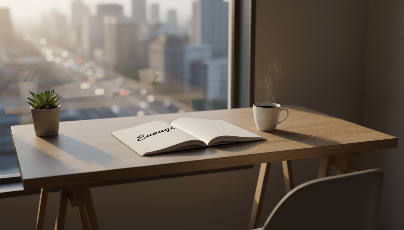 A minimalist, calming workspace bathed in warm morning light. A simple wooden desk holds a single open notebook and a cup of black coffee. The notebook page displays the handwritten word 'Enough' in neat cursive. A small, healthy green plant sits in the corner. The atmosphere is peaceful, still, and intentional. It contrasts with the chaotic blur of a busy city visible through a nearby window.