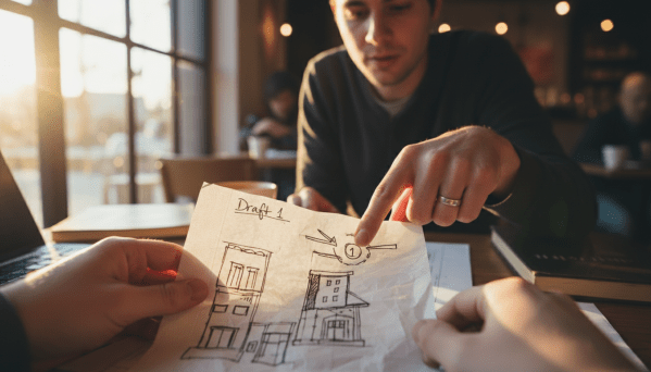 A photorealistic image shows hands sketching a rough architectural design labelled 'Draft 1' on a napkin in a bustling coffee shop. Sunlight highlights the ink and paper texture, while a second person leans in, pointing at a detail, reflecting a warm moment of feedback and collaboration.
