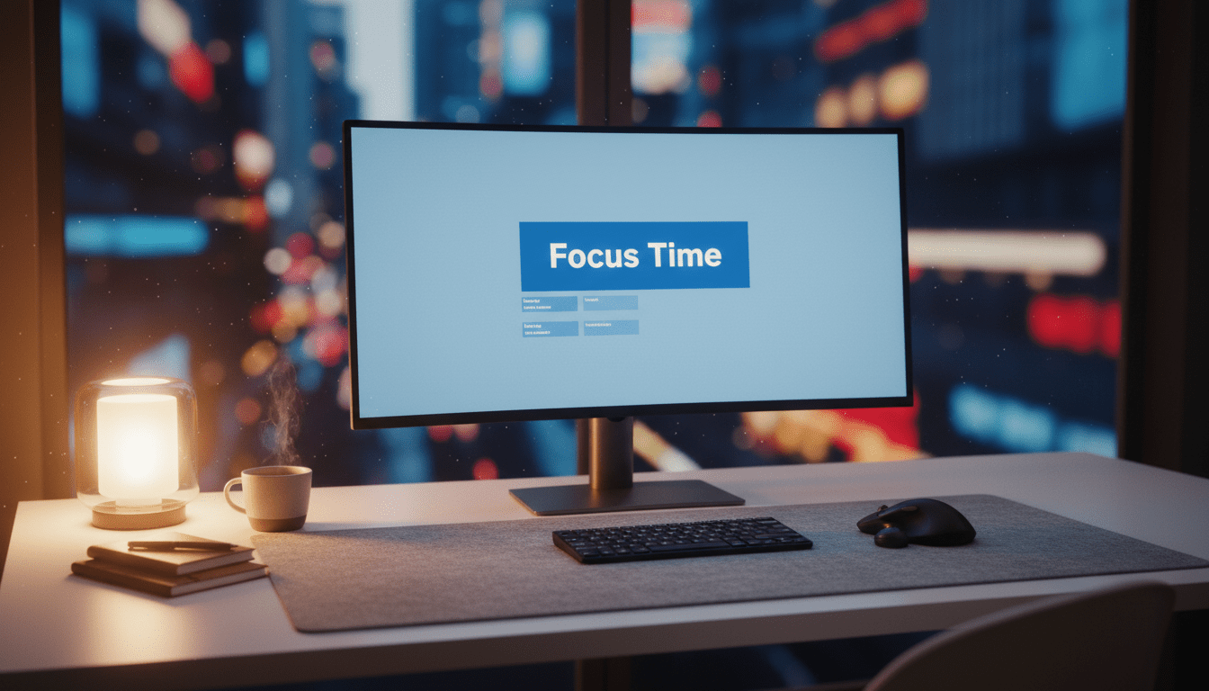 A cinematic, highly detailed wide shot of a modern, softly lit office desk. A glowing computer screen displays a calendar with a large, solid blue block labelled 'Focus Time'. The surrounding background is slightly blurred, showing abstract, chaotic motion to contrast with the calm, still energy of the desk. The lighting is warm and moody.