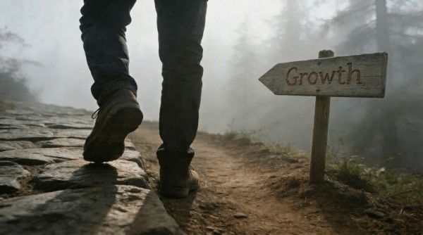 A minimalist photograph of a person standing on a rugged stone pathway. One foot is stepping carefully onto a slightly elevated, unpaved trail. The background is a soft, misty forest, symbolising the unknown. A small, weathered wooden signpost points forward, displaying the word 'Growth' in simple lettering. The lighting is calm and natural, conveying a sense of grounded pacing and quiet courage.