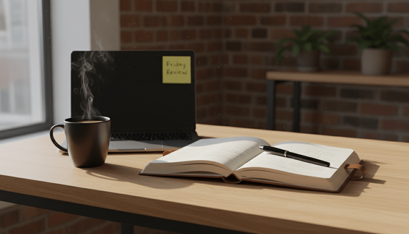 A minimalist, well-lit wooden desk showing an open, high-quality notebook with handwritten notes. A sleek black pen rests on the page. Next to the notebook is a steaming cup of black coffee and a laptop. A sticky note on the laptop bezel reads 'Friday Review'. Soft, warm afternoon sunlight streams across the desk, creating a calm, reflective atmosphere.