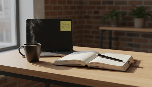 A minimalist, well-lit wooden desk showing an open, high-quality notebook with handwritten notes. A sleek black pen rests on the page. Next to the notebook is a steaming cup of black coffee and a laptop. A sticky note on the laptop bezel reads 'Friday Review'. Soft, warm afternoon sunlight streams across the desk, creating a calm, reflective atmosphere.